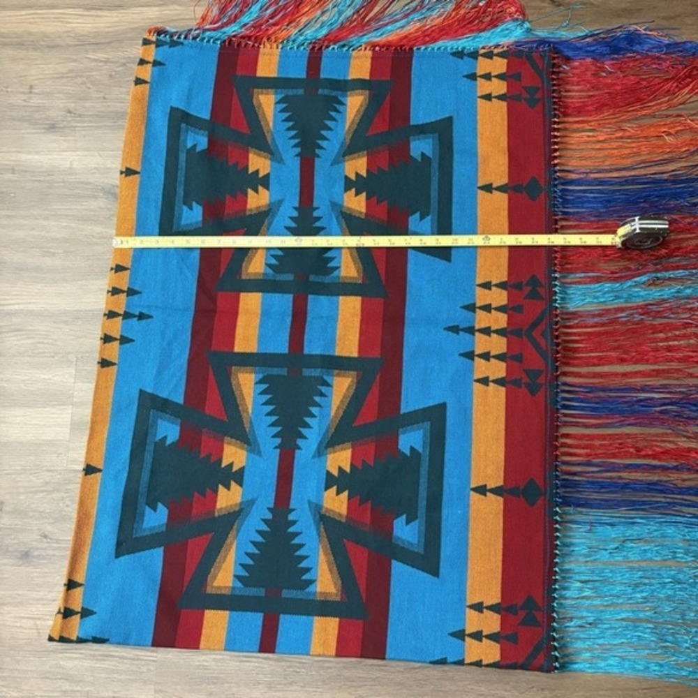 Southwestern Wool Geometric Fringed Shawl Robe Multicolor 28x78 Blue - Picture 3 of 13